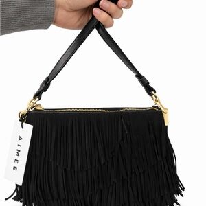 Aime Leon Dore Black Suede Fringe Shoulder Bag with Gold Hardware